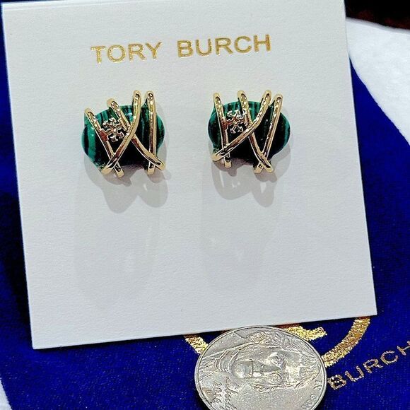 TORY BURCH LOGO MALACHITE & GOLD STUD EARRINGS - Picture 1 of 3